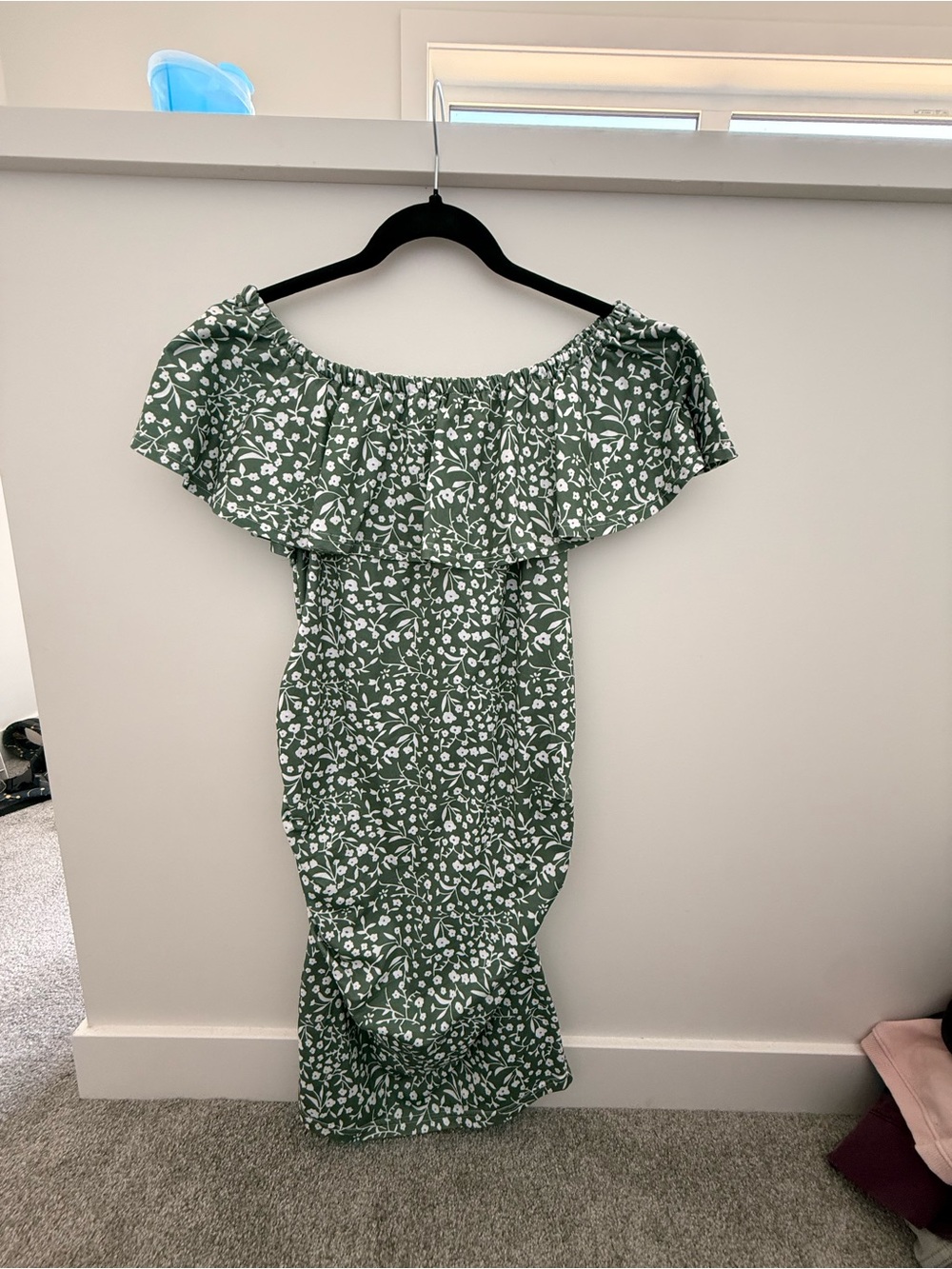 Off-Shoulder Green Floral Midi Dress